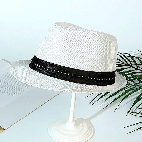 NEW FEDORA BELTED STUD WOVEN MINIMALIST HAT - Picture 2 of 4